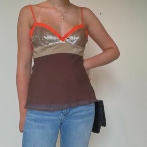 BCBG Brown Orange Sequin Top